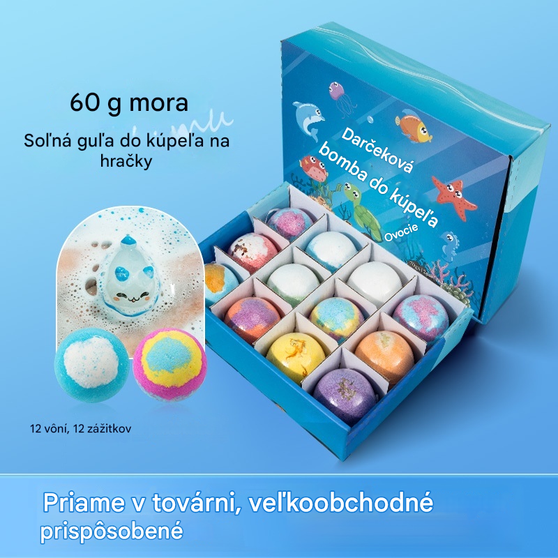 【12 za 35 €】Sada 12 guľôčok so soľou do kúpeľa v tvare morských živočíchov (60 g každá), vhodné pre deti.