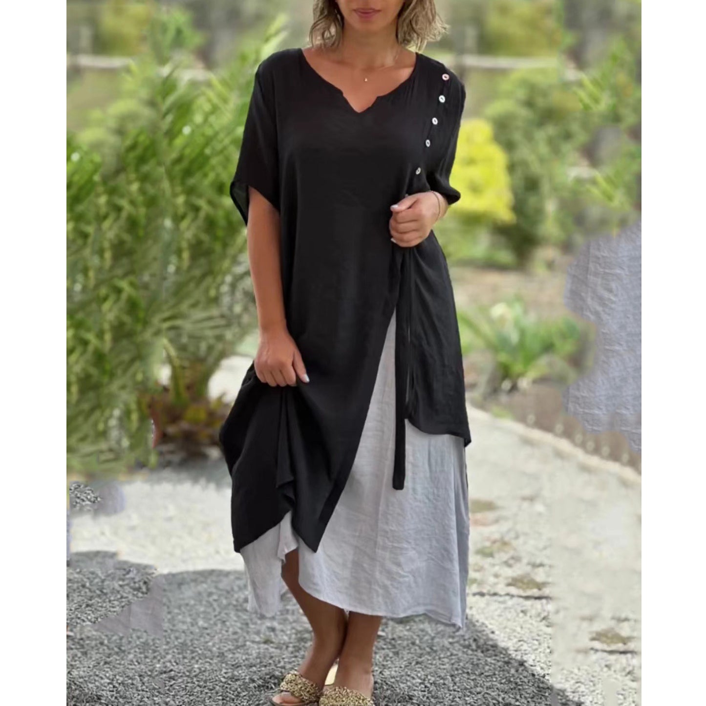 👗💖Vremenski ograničena promocija😍【S-4XL】✨Nova proljetno/ljetna dvodijelna asimetrična haljina za 2026. godinu, V-izrez s kratkim rukavima.