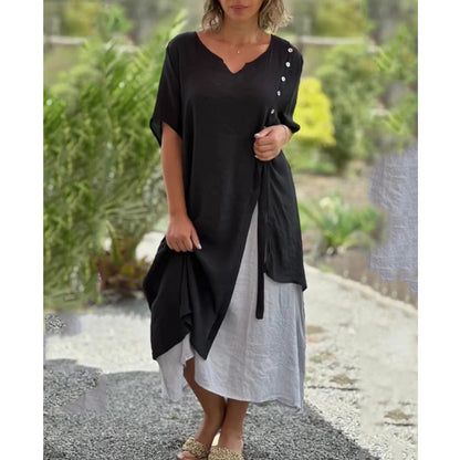 👗💖Vremenski ograničena promocija😍【S-4XL】✨Nova proljetno/ljetna dvodijelna asimetrična haljina za 2026. godinu, V-izrez s kratkim rukavima.