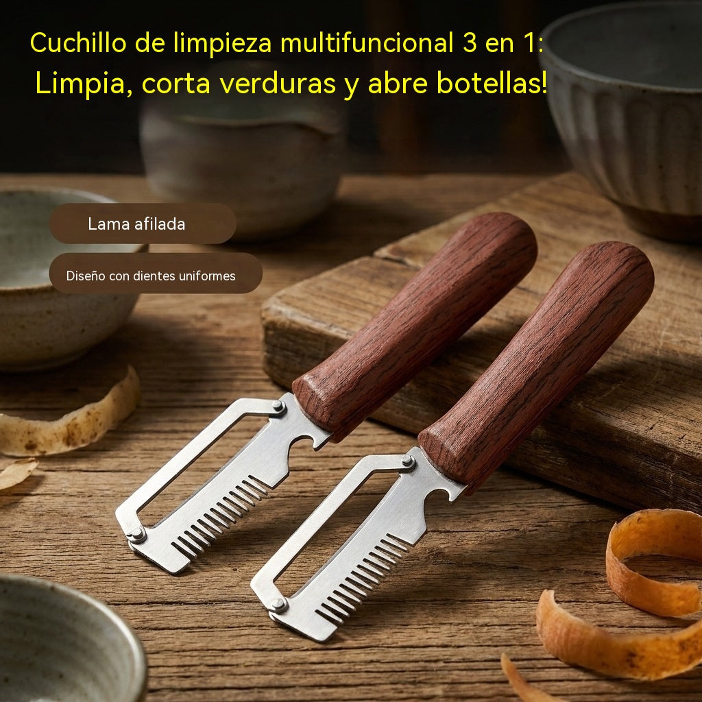 ✅ Compra 1, llévate 1 gratis (2 piezas en total) 🧅🔪 Cuchillo pelador multifuncional 3 en 1: ¡limpia, corta verduras y abre botellas! 🔥