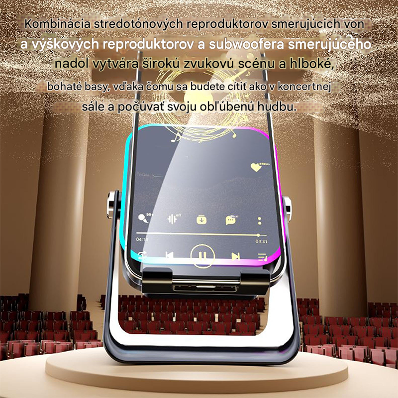 🔥📢【Zľava 50 %!】⚡ Bluetooth reproduktor 5 v 1 s bezdrôtovým nabíjaním a nastaviteľným stojanom na telefón🎶