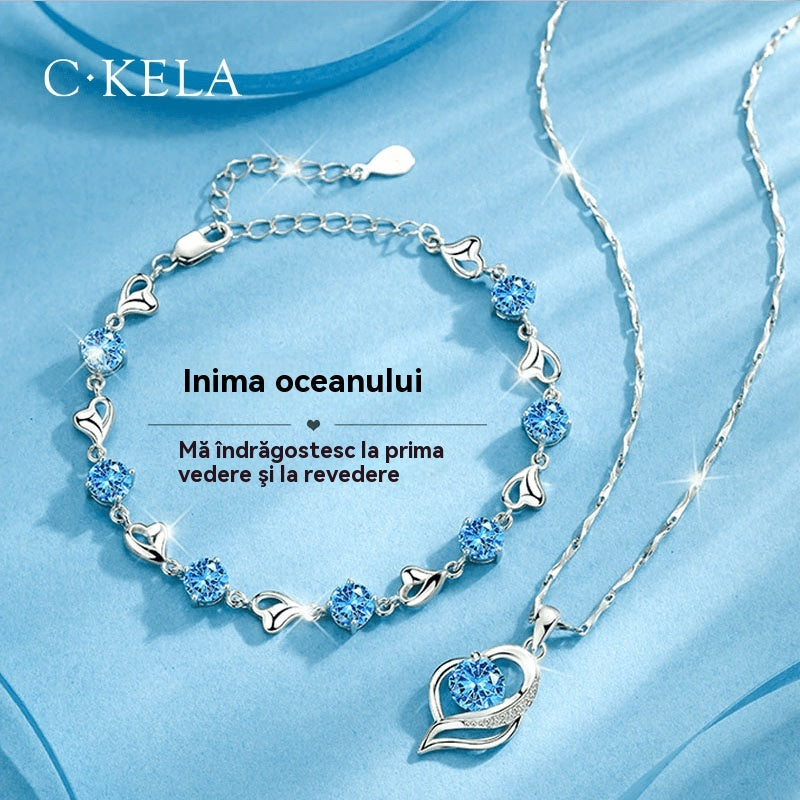 ✨💎 Conjunto de pulsera y collar de plata 925 con motivo de corazón oceánico-U
