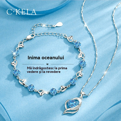 ✨💎 Conjunto de pulsera y collar de plata 925 con motivo de corazón oceánico-U