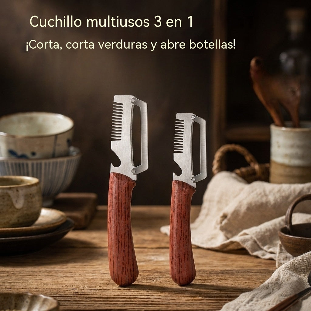 ✅ Compra 1, llévate 1 gratis (2 piezas en total) 🧅🔪 Cuchillo pelador multifuncional 3 en 1: ¡limpia, corta verduras y abre botellas! 🔥