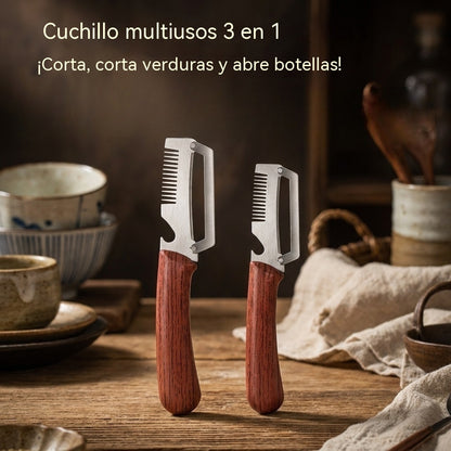 ✅ Compra 1, llévate 1 gratis (2 piezas en total) 🧅🔪 Cuchillo pelador multifuncional 3 en 1: ¡limpia, corta verduras y abre botellas! 🔥