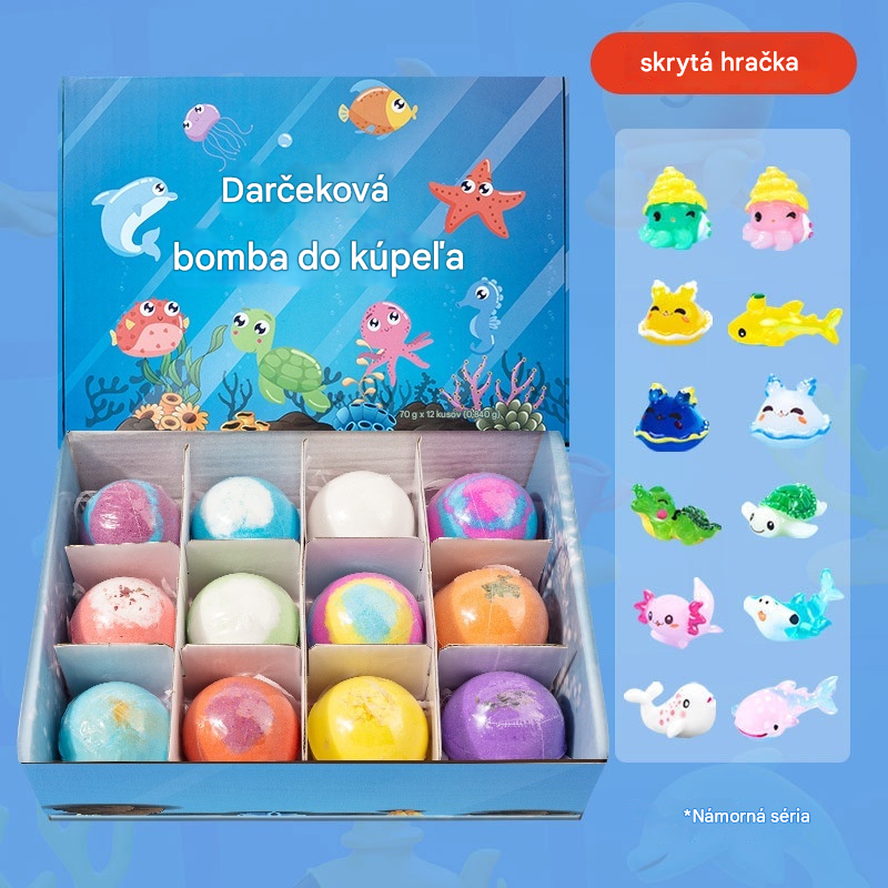【12 za 35 €】Sada 12 guľôčok so soľou do kúpeľa v tvare morských živočíchov (60 g každá), vhodné pre deti.