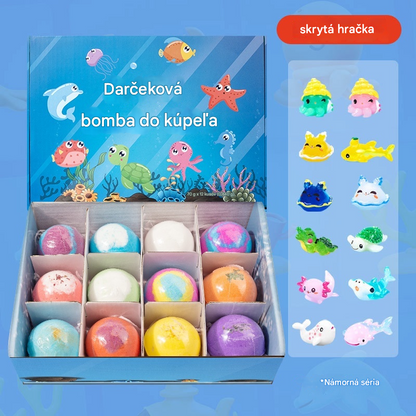 【12 za 35 €】Sada 12 guľôčok so soľou do kúpeľa v tvare morských živočíchov (60 g každá), vhodné pre deti.