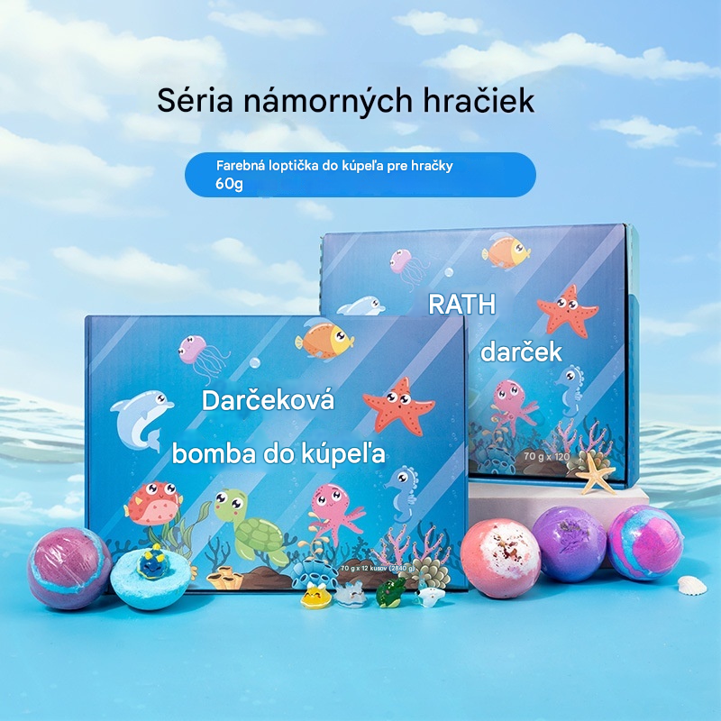 【12 za 35 €】Sada 12 guľôčok so soľou do kúpeľa v tvare morských živočíchov (60 g každá), vhodné pre deti.