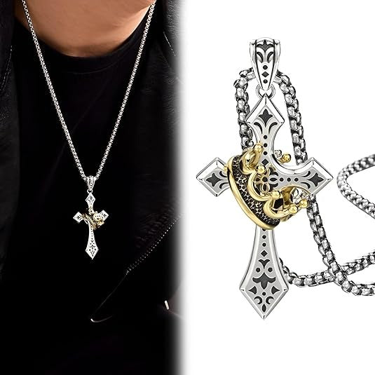 👑✝️ 【50 % zľava】Vintage náhrdelník s krížom a korunou – symbol viery, sily a každodennej ochrany