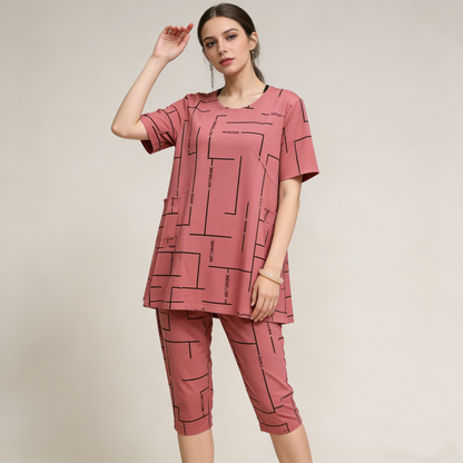 【Top + Pantalones】Conjunto de manga corta para mujer, nuevo estilo 2026, casual, para mujeres de mediana edad y mayores.