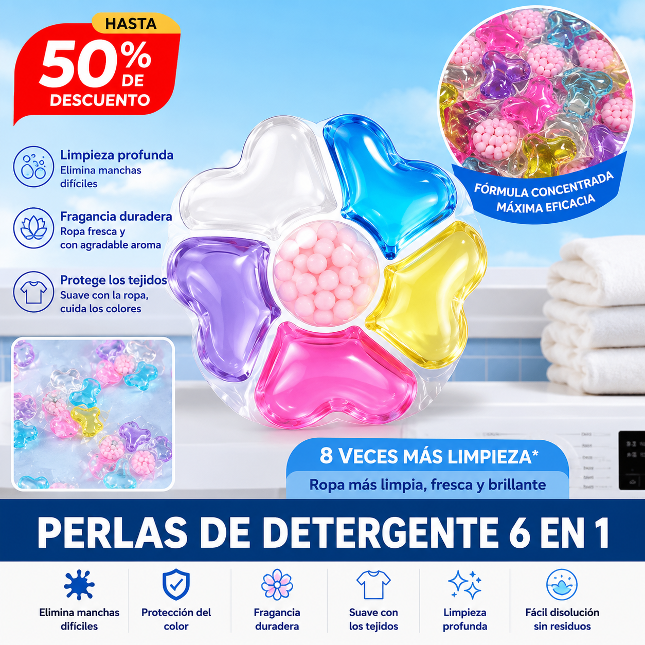 【✨99% antibacteriano y antiácaros✨】Perlas antibacterianas para la ropa 6 en 1, fragancia duradera, potente desinfección de la ropa