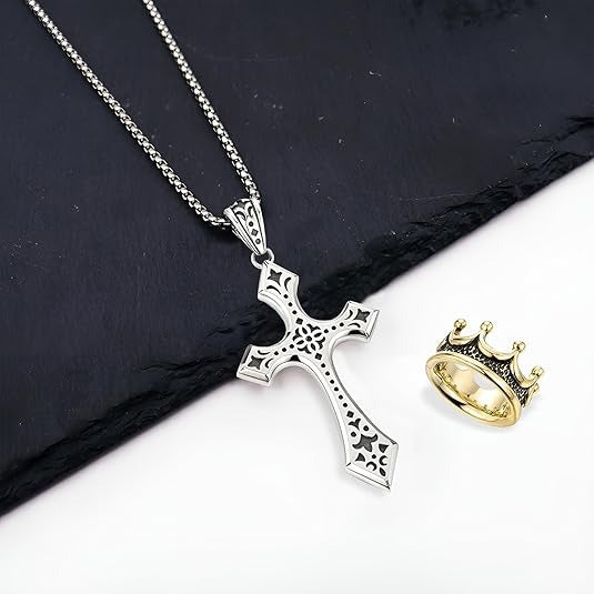 👑✝️ 【50 % zľava】Vintage náhrdelník s krížom a korunou – symbol viery, sily a každodennej ochrany
