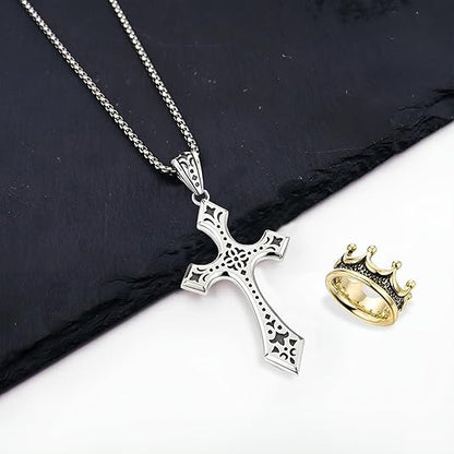 👑✝️ 【50 % zľava】Vintage náhrdelník s krížom a korunou – symbol viery, sily a každodennej ochrany