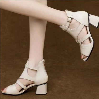 🔥【Kup 1, a otrzymasz 1 gratis】👡【35-40】Nowe miękkie, miękkie skórzane, rybne dno, rybie usta, wydrążone usta, gruby obcas rzymskie sandały