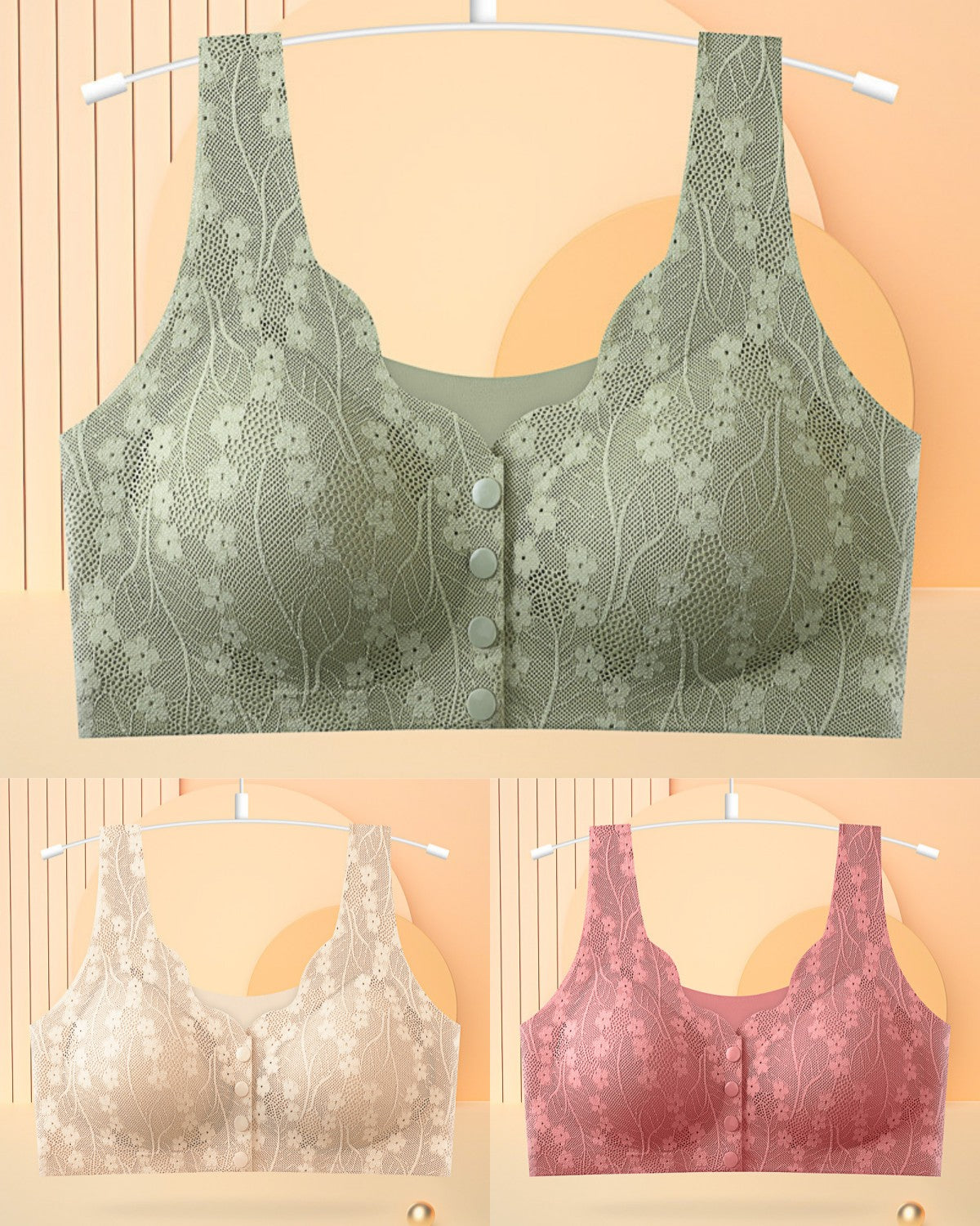 😍【Kupite 1, dobijte 2 gratis】👙【Pakiranje od 3 komada】【40-100 kg】Ženski čipkasti grudnjak bez žice, s kopčanjem sprijeda