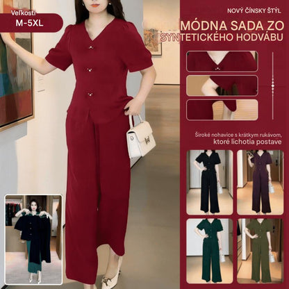 🌸【Top + nohavice so širokými nohavicami】Módny oblek z ľadového hodvábu
