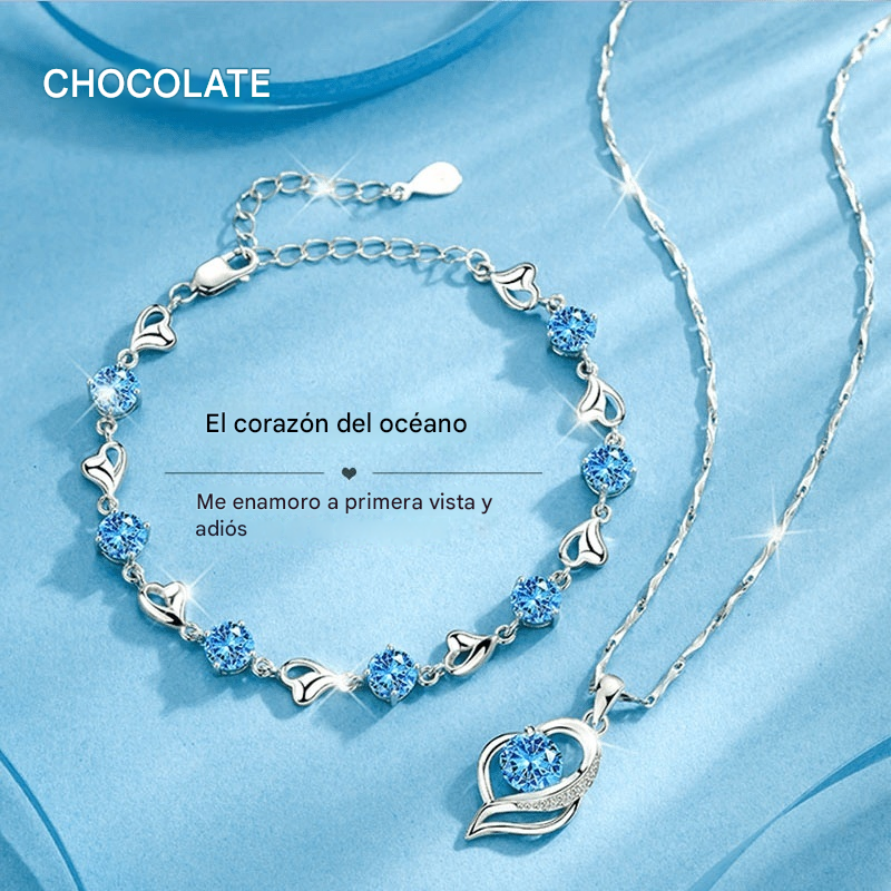 ✨💎 Conjunto de pulsera y collar de plata 925 con motivo de corazón oceánico-U