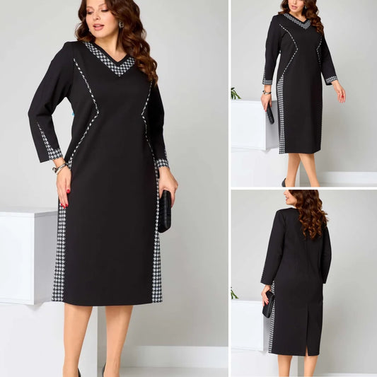 【S-5XL】Elegantné šaty s dvojfarebným dizajnom a výstrihom do V na jeseň-zimu | Zoštíhľujúci a predlžujúci strih, pohodlné a teplé