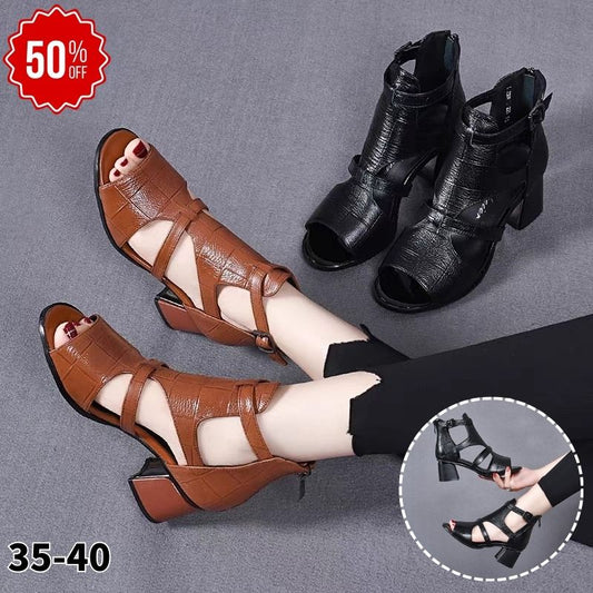 🔥【Kup 1, a otrzymasz 1 gratis】👡【35-40】Nowe miękkie, miękkie skórzane, rybne dno, rybie usta, wydrążone usta, gruby obcas rzymskie sandały